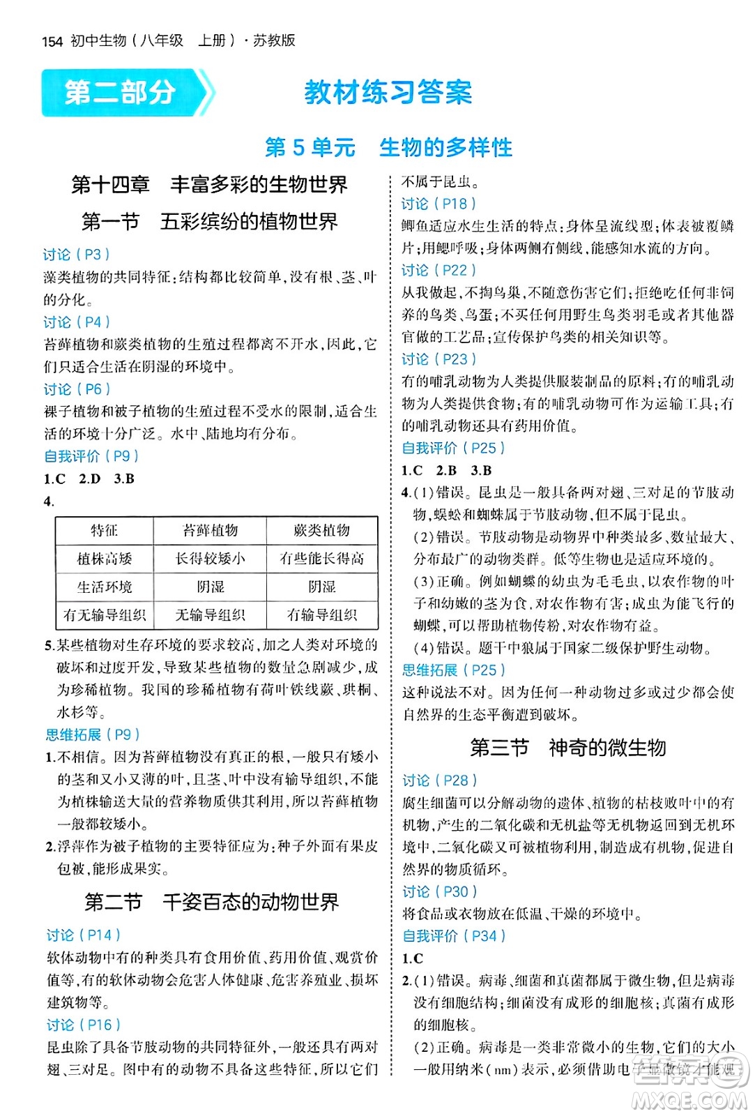 四川大學出版社2024年秋初中同步5年中考3年模擬八年級生物上冊蘇教版答案