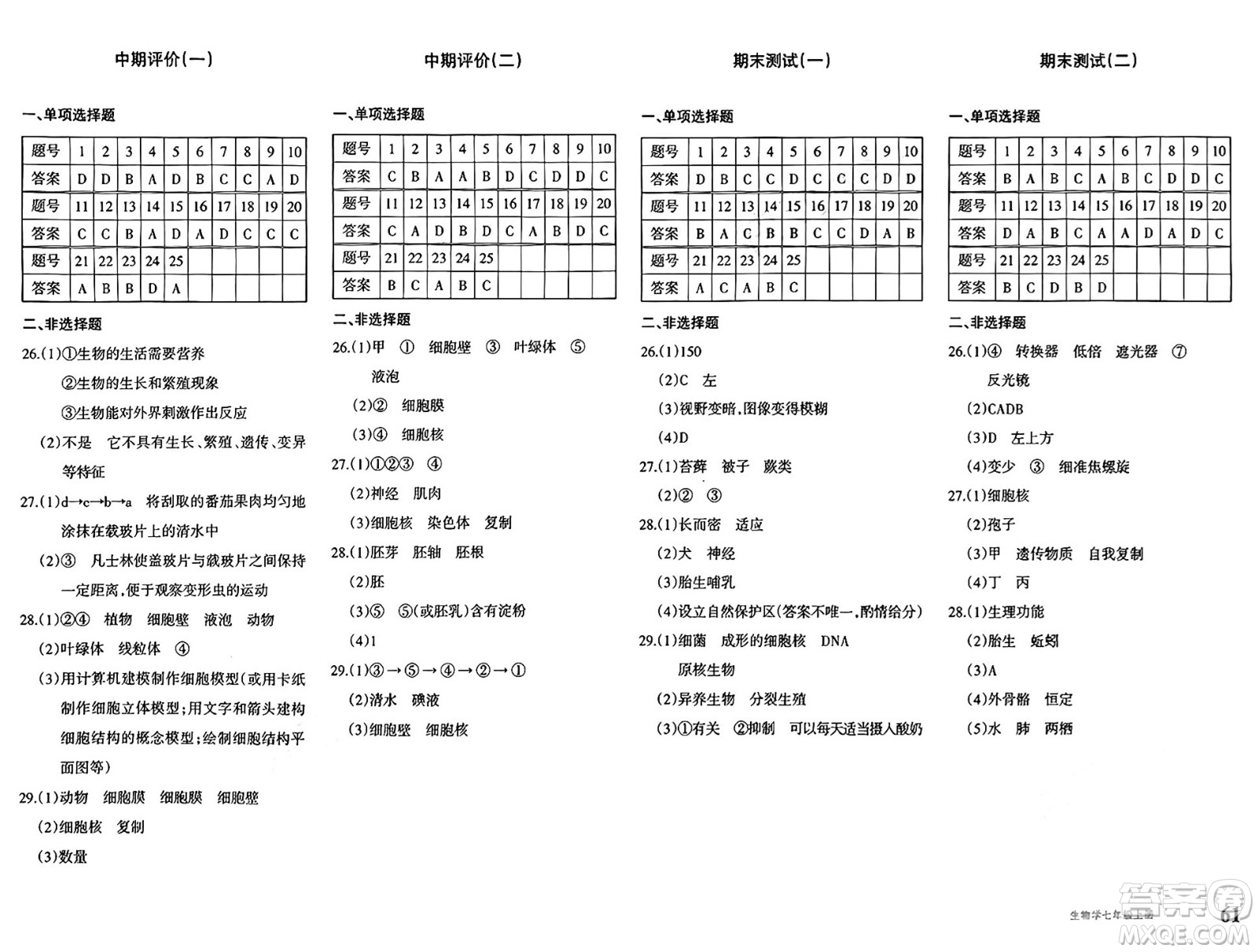 新疆青少年出版社2024年秋優(yōu)學(xué)1+1評(píng)價(jià)與測(cè)試七年級(jí)生物上冊(cè)通用版答案