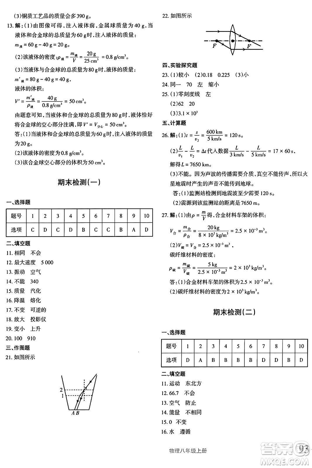 新疆青少年出版社2024年秋優(yōu)學1+1評價與測試八年級物理上冊通用版答案