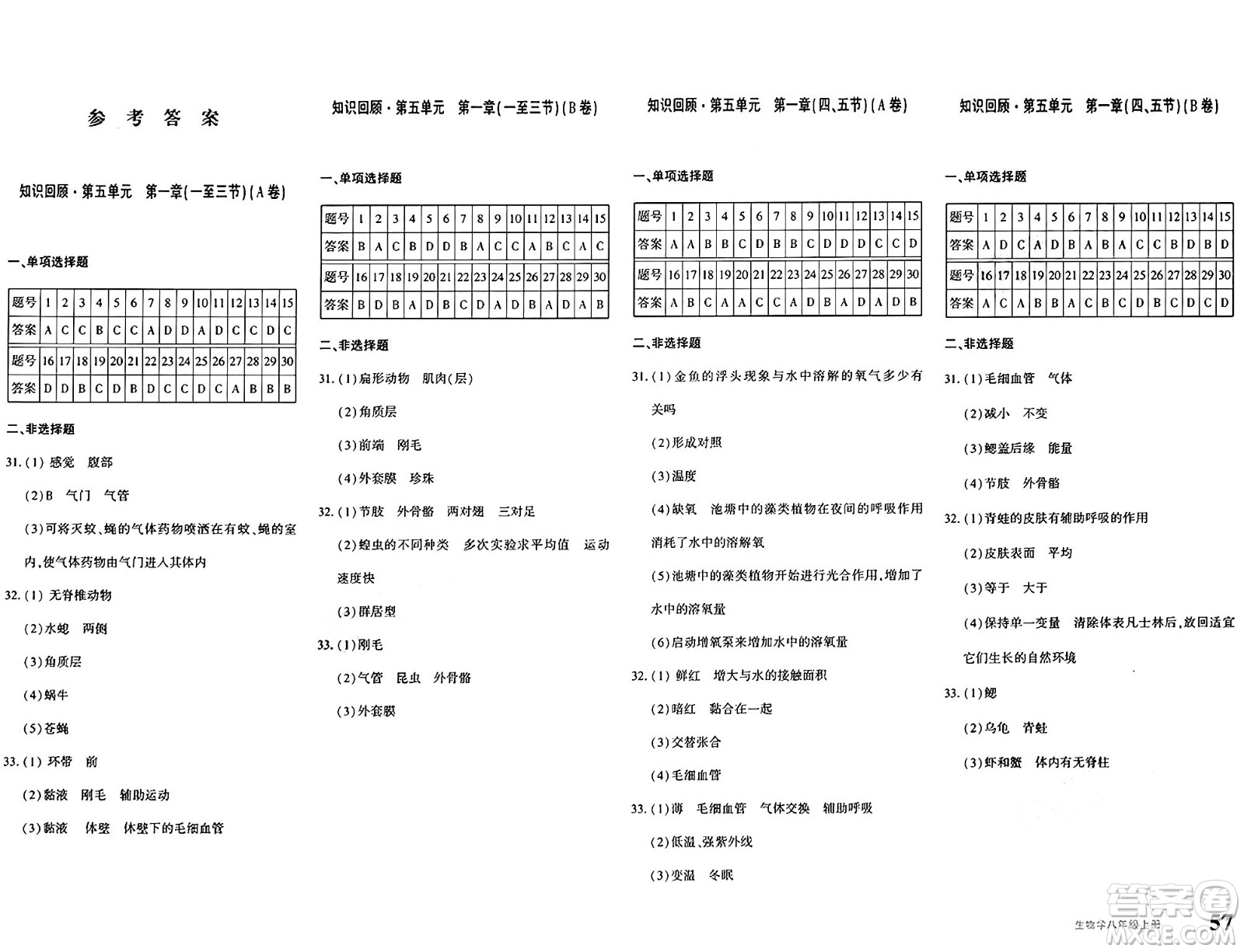 新疆青少年出版社2024年秋優(yōu)學(xué)1+1評(píng)價(jià)與測(cè)試八年級(jí)生物上冊(cè)通用版答案