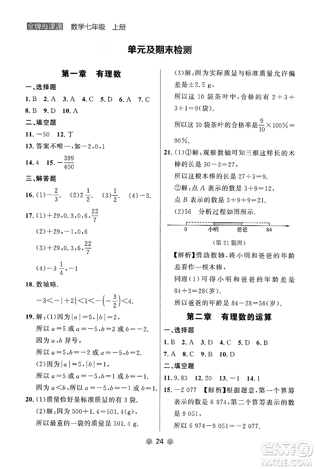 大連出版社2024年秋點石成金金牌每課通七年級數(shù)學(xué)上冊人教版遼寧專版答案