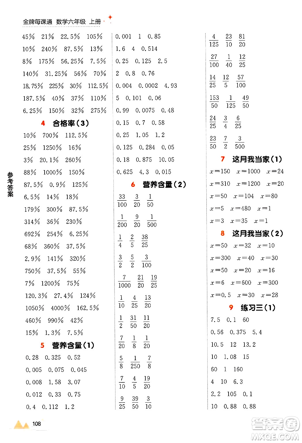 大連出版社2024年秋點石成金金牌每課通六年級數(shù)學(xué)上冊北師大版答案