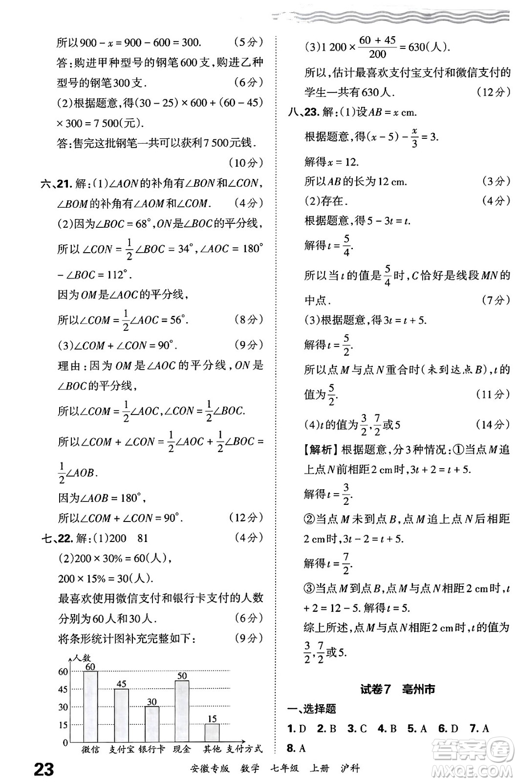 江西人民出版社2024年秋王朝霞各地期末試卷精選七年級(jí)數(shù)學(xué)上冊(cè)滬科版安徽專版答案