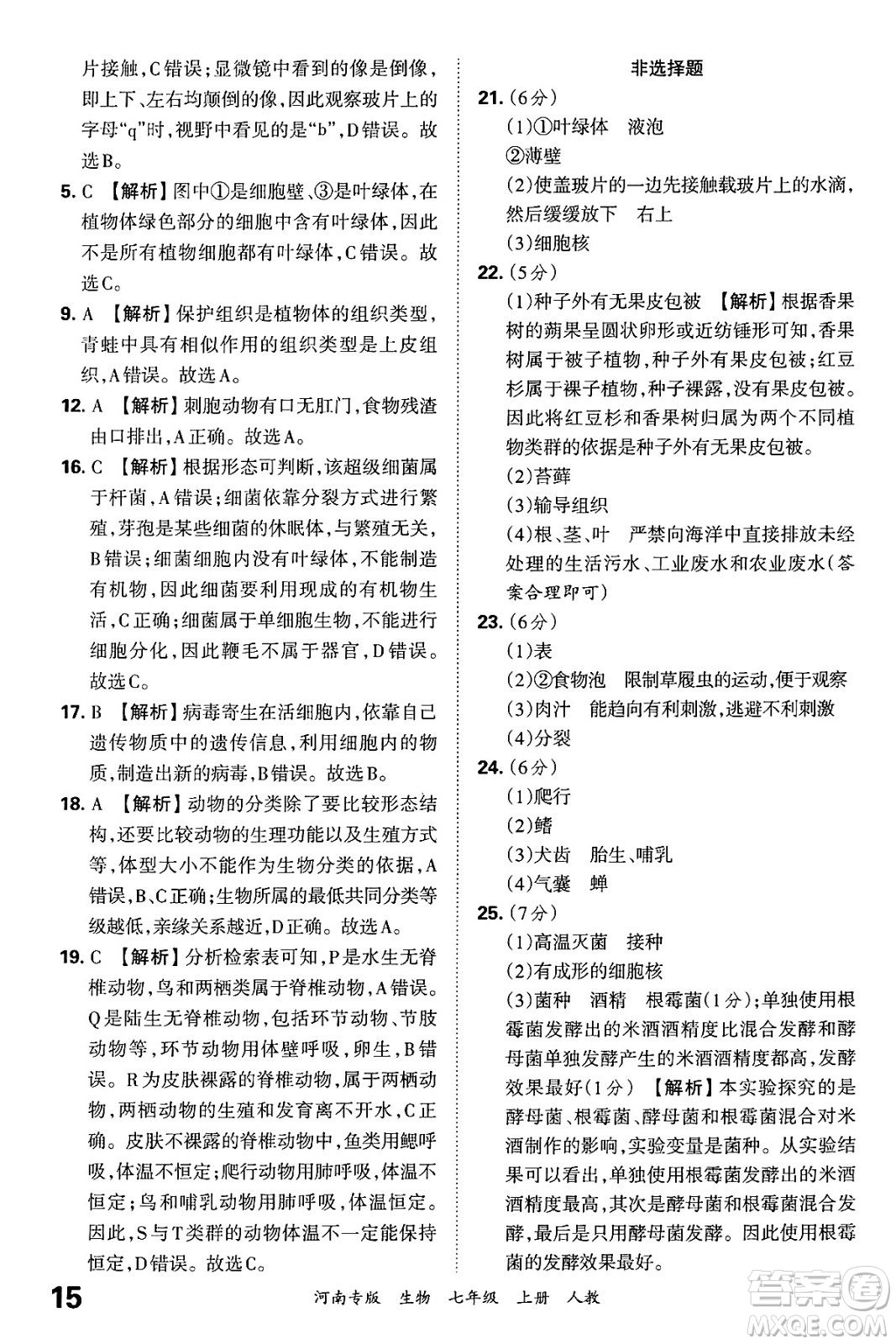 江西人民出版社2024年秋王朝霞各地期末試卷精選七年級生物上冊人教版河南專版答案