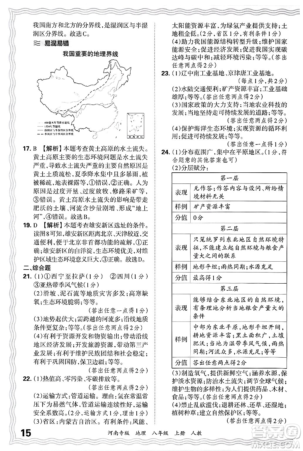 江西人民出版社2024年秋王朝霞各地期末試卷精選八年級(jí)地理上冊人教版河南專版答案