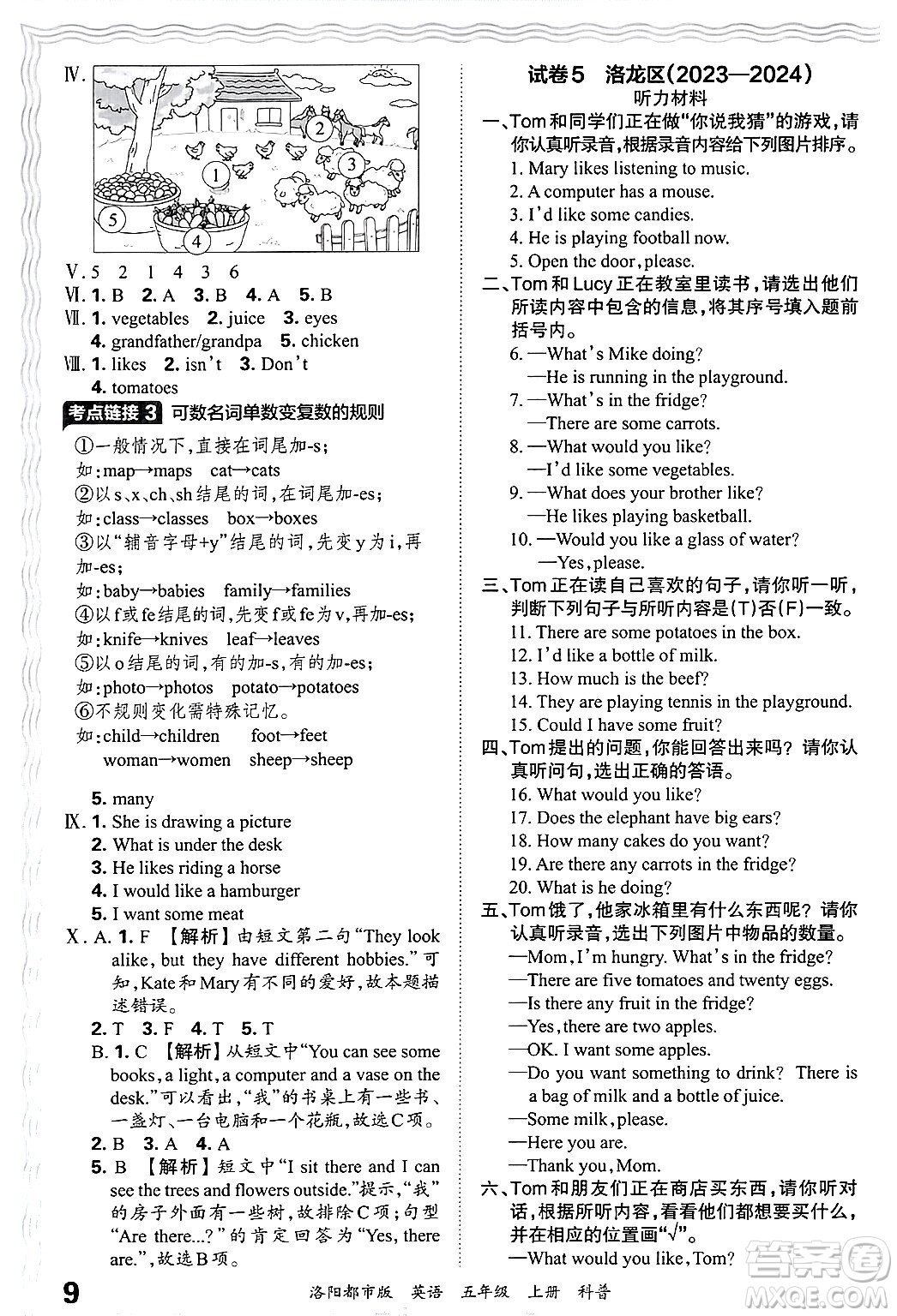 江西人民出版社2024年秋王朝霞各地期末試卷精選五年級英語上冊科普版洛陽專版答案