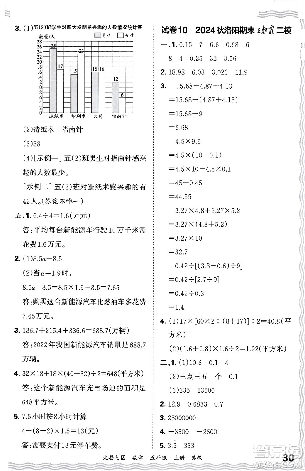 江西人民出版社2024年秋王朝霞各地期末試卷精選五年級數(shù)學(xué)上冊蘇教版洛陽專版答案