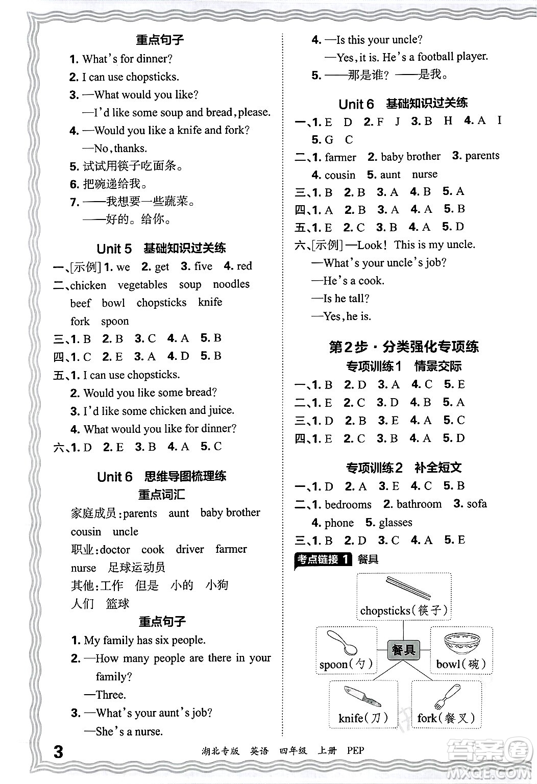 江西人民出版社2024年秋王朝霞各地期末試卷精選四年級(jí)英語上冊(cè)人教PEP版湖北專版答案