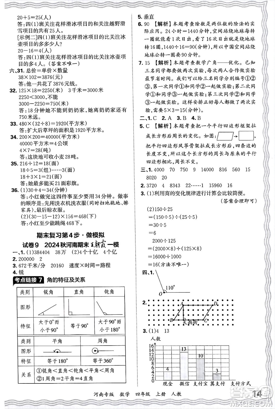 江西人民出版社2024年秋王朝霞各地期末試卷精選四年級數(shù)學(xué)上冊人教版河南專版答案