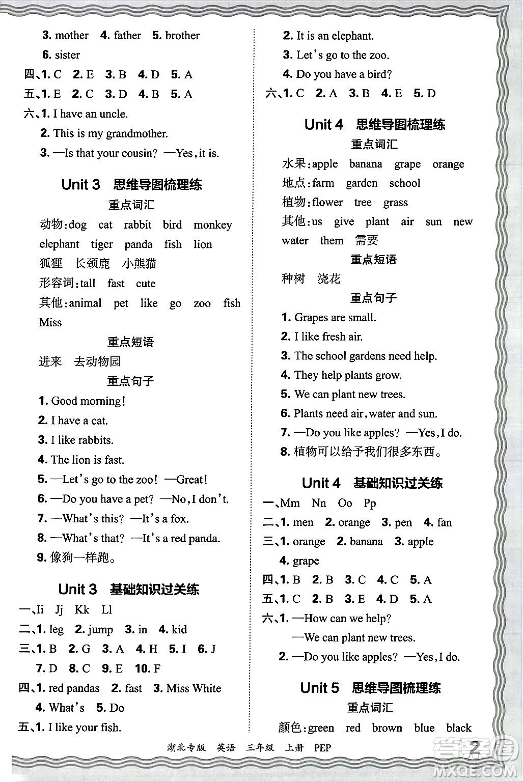 江西人民出版社2024年秋王朝霞各地期末試卷精選三年級英語上冊人教PEP版湖北專版答案