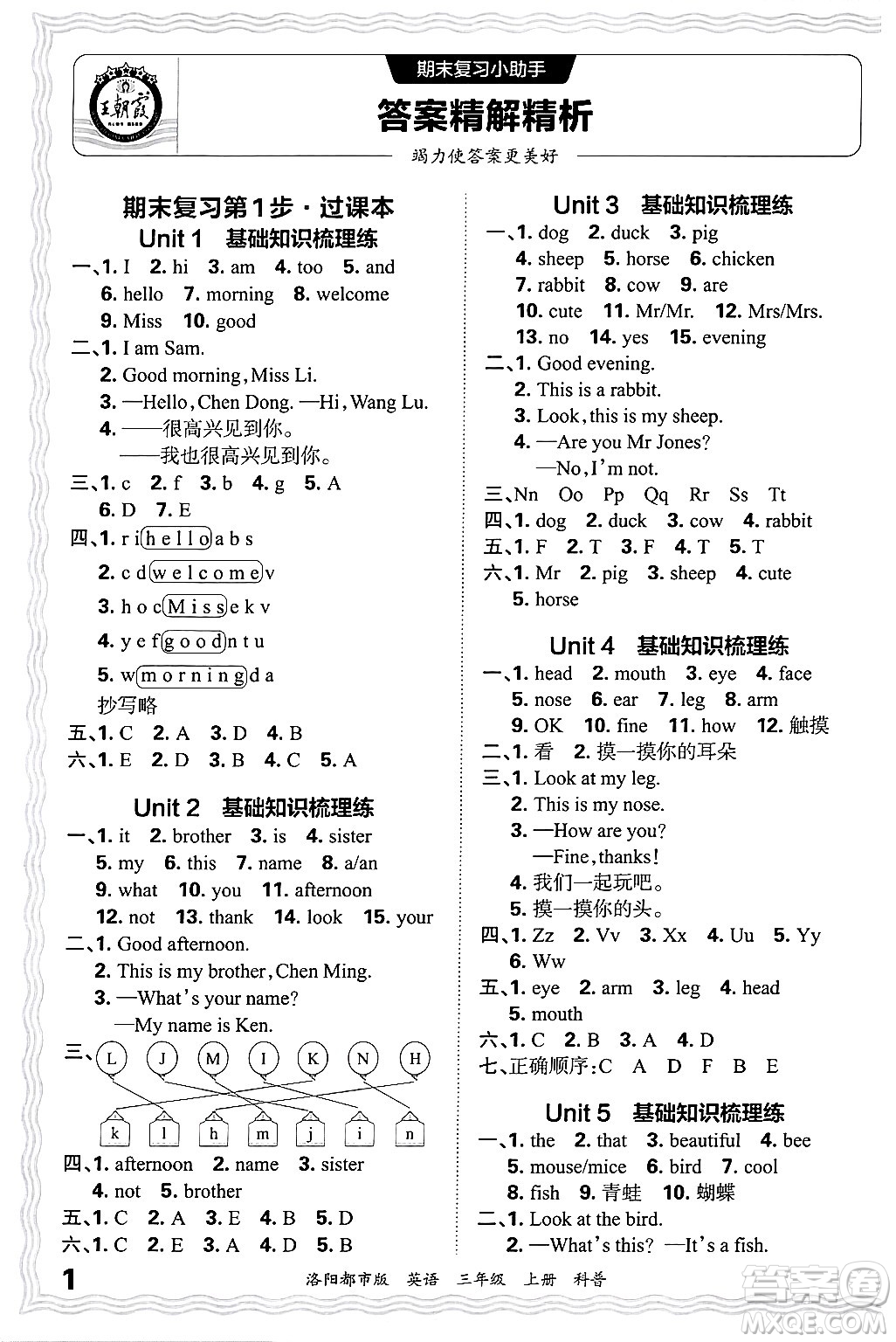 江西人民出版社2024年秋王朝霞各地期末試卷精選三年級英語上冊科普版洛陽專版答案