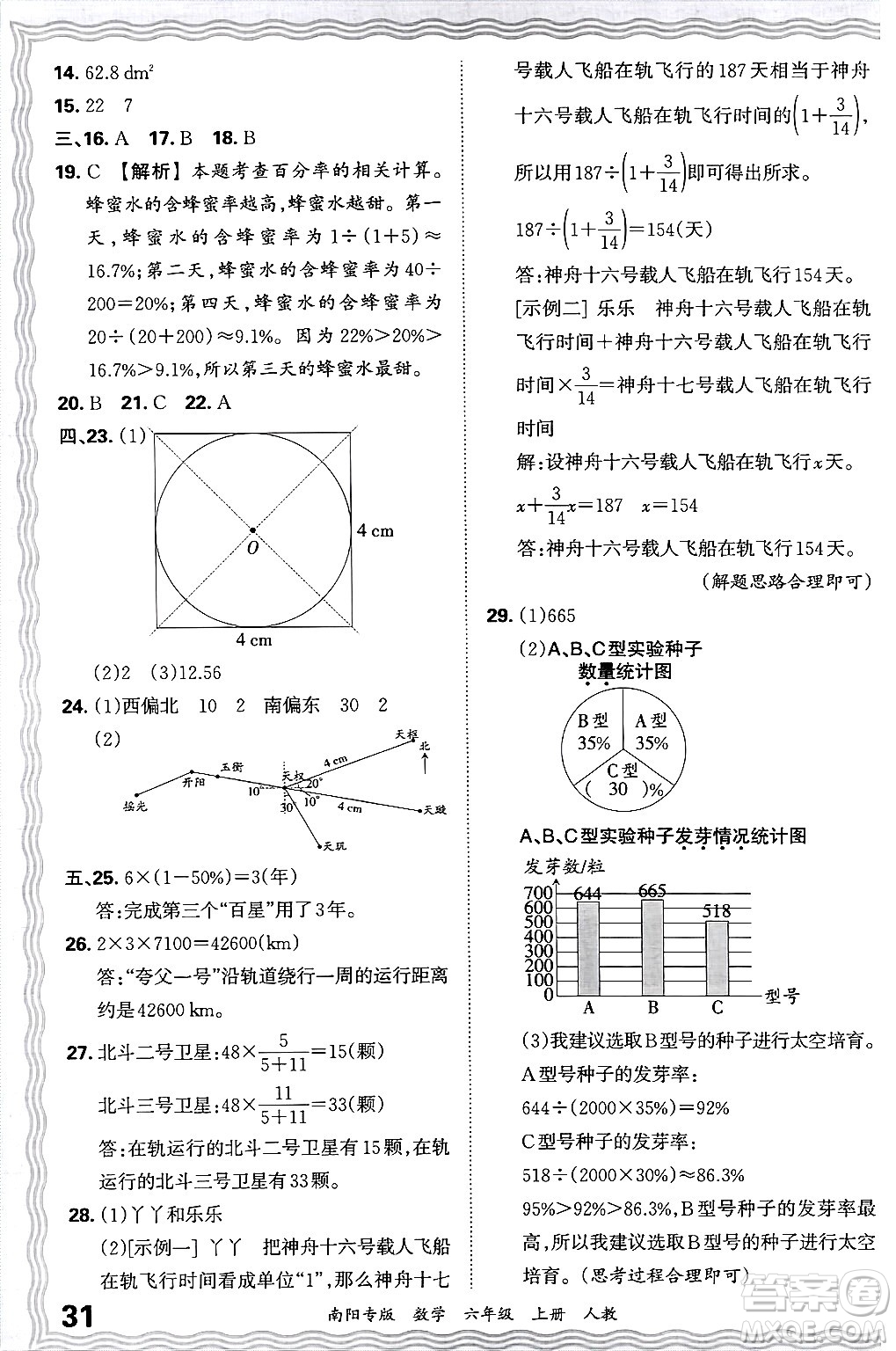 江西人民出版社2024年秋王朝霞期末真題精編六年級(jí)數(shù)學(xué)上冊(cè)人教版南陽專版答案