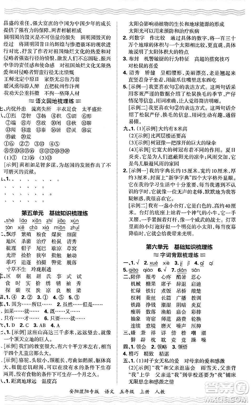 江西人民出版社2024年秋王朝霞期末真題精編五年級語文上冊人教版安陽濮陽專版答案