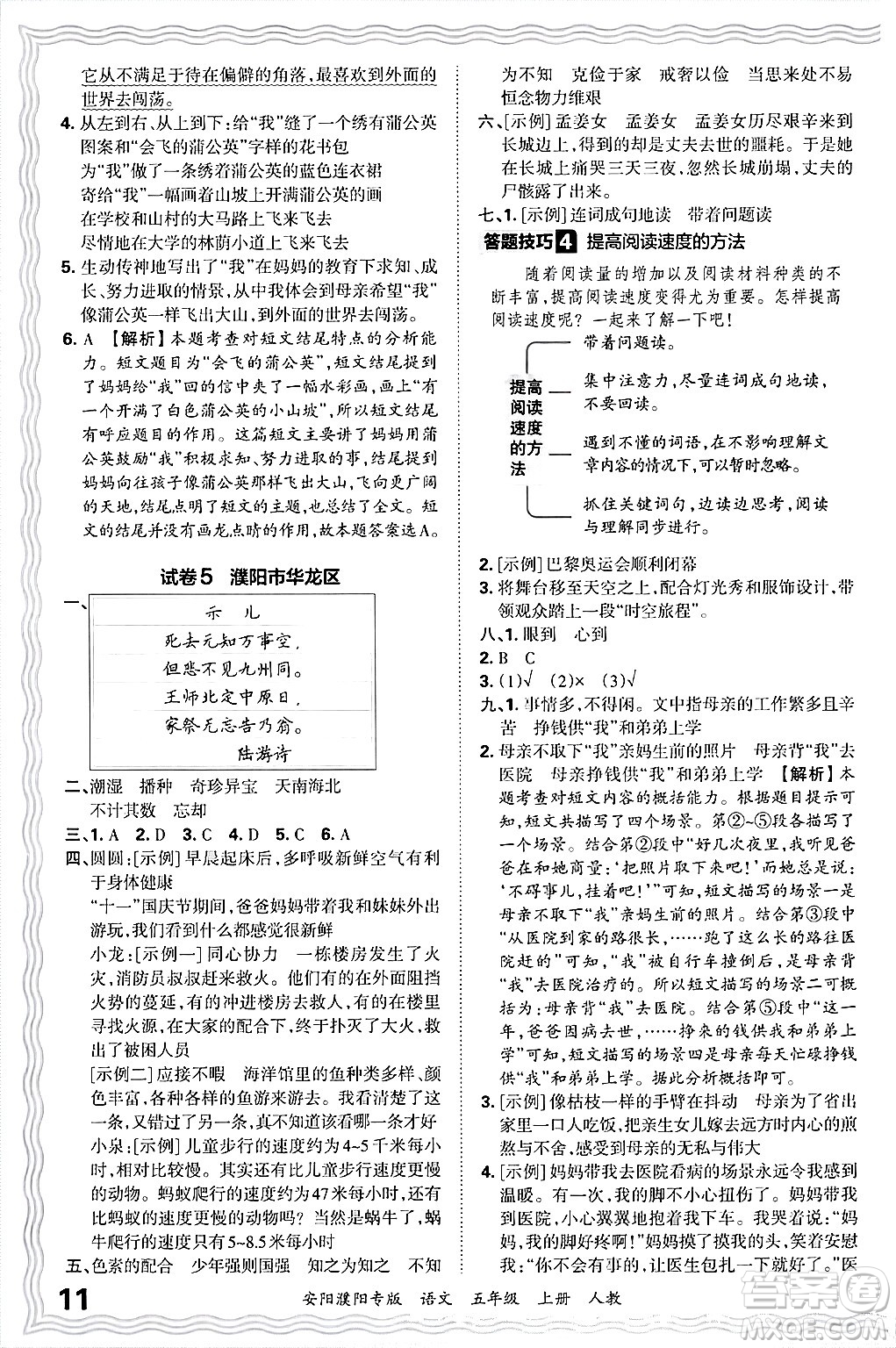 江西人民出版社2024年秋王朝霞期末真題精編五年級語文上冊人教版安陽濮陽專版答案