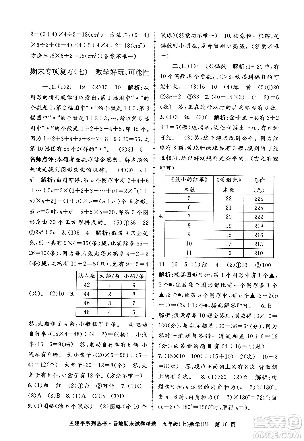 浙江工商大學出版社2024年秋孟建平各地期末試卷精選五年級數(shù)學上冊北師大版答案