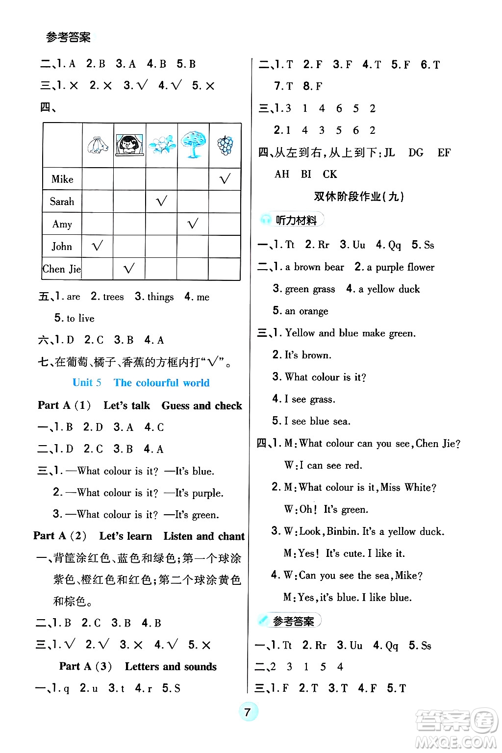 天津科學(xué)技術(shù)出版社2024年秋云頂課堂三年級英語上冊人教PEP版答案