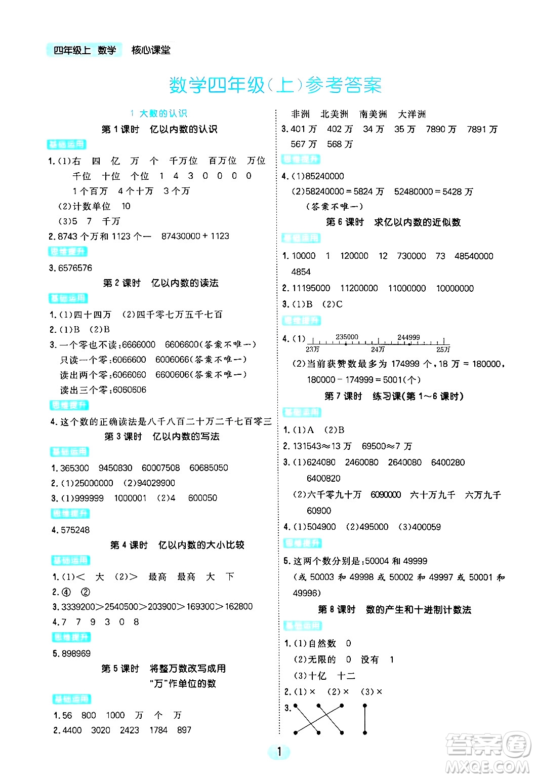 天津人民出版社2024年秋核心360核心課堂四年級(jí)數(shù)學(xué)上冊(cè)通用版答案