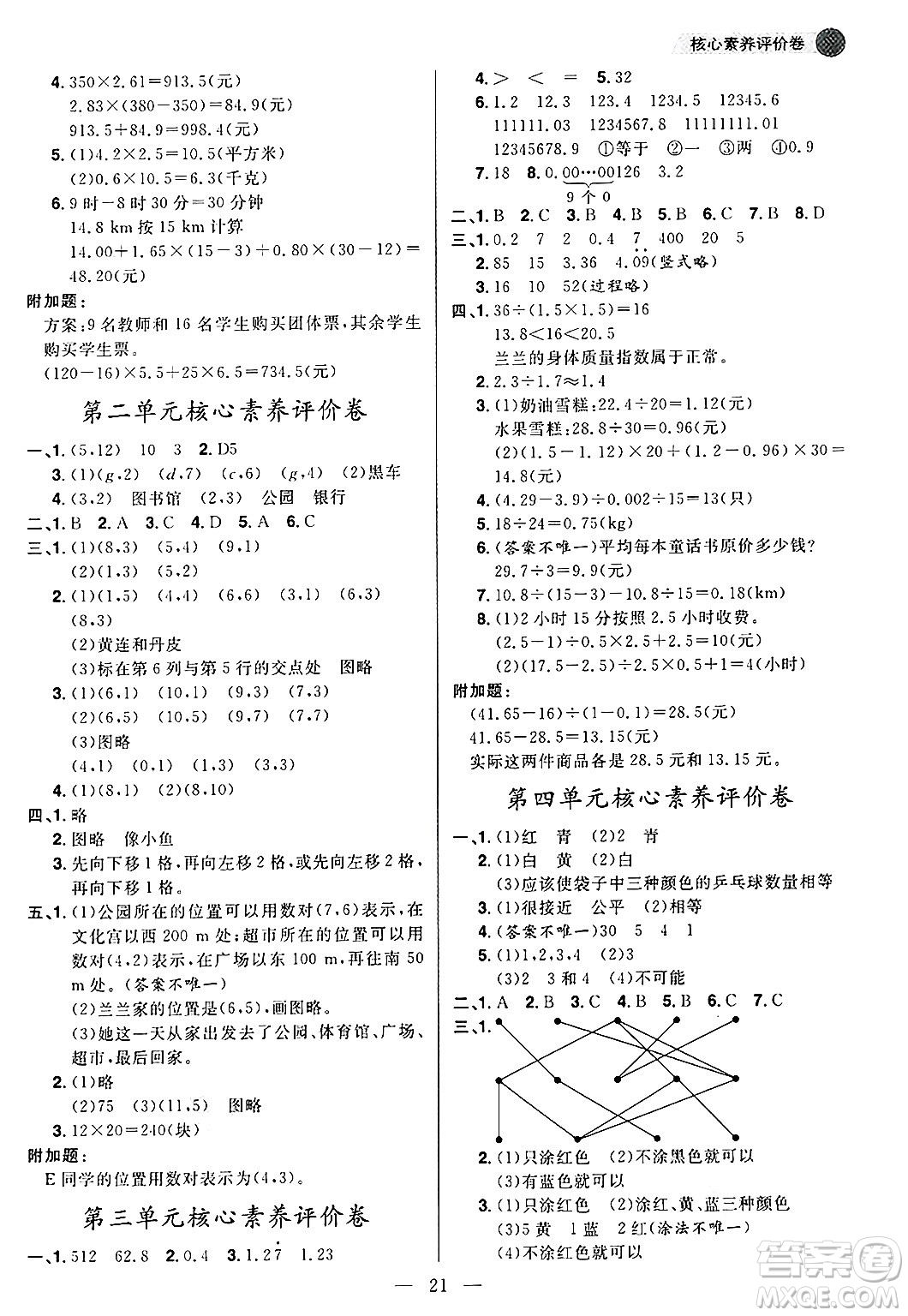 南方出版社2024秋學緣教育核心素養(yǎng)天天練五年級數(shù)學上冊人教版福建專版答案