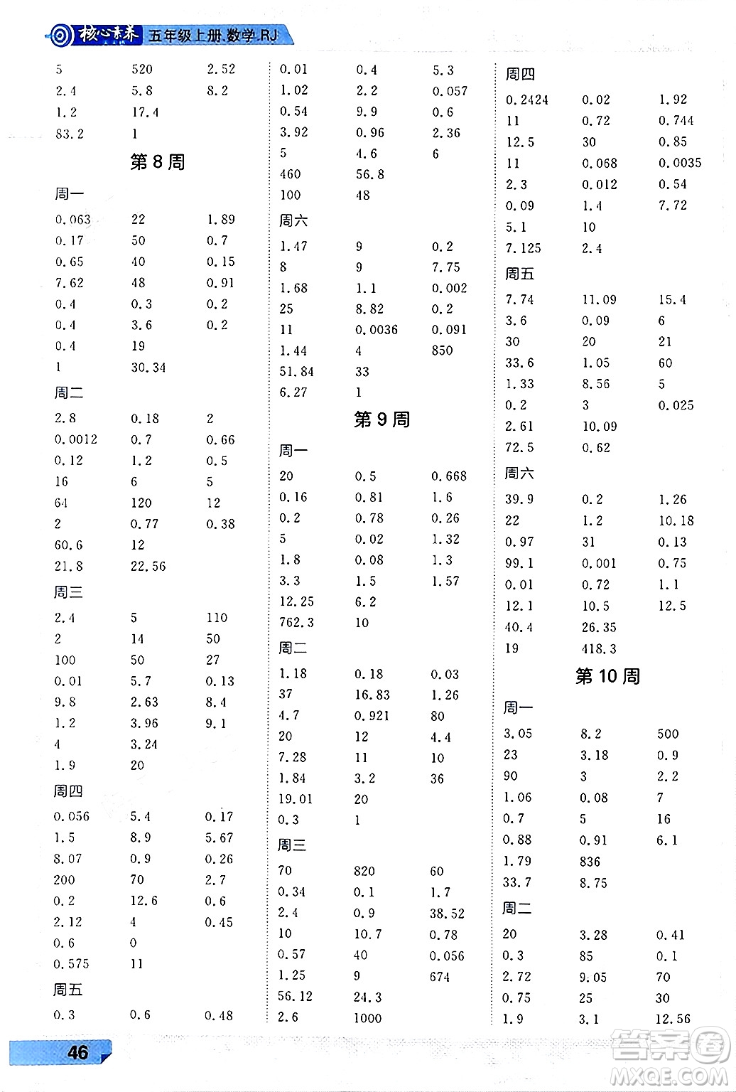 南方出版社2024秋學緣教育核心素養(yǎng)天天練五年級數(shù)學上冊人教版福建專版答案