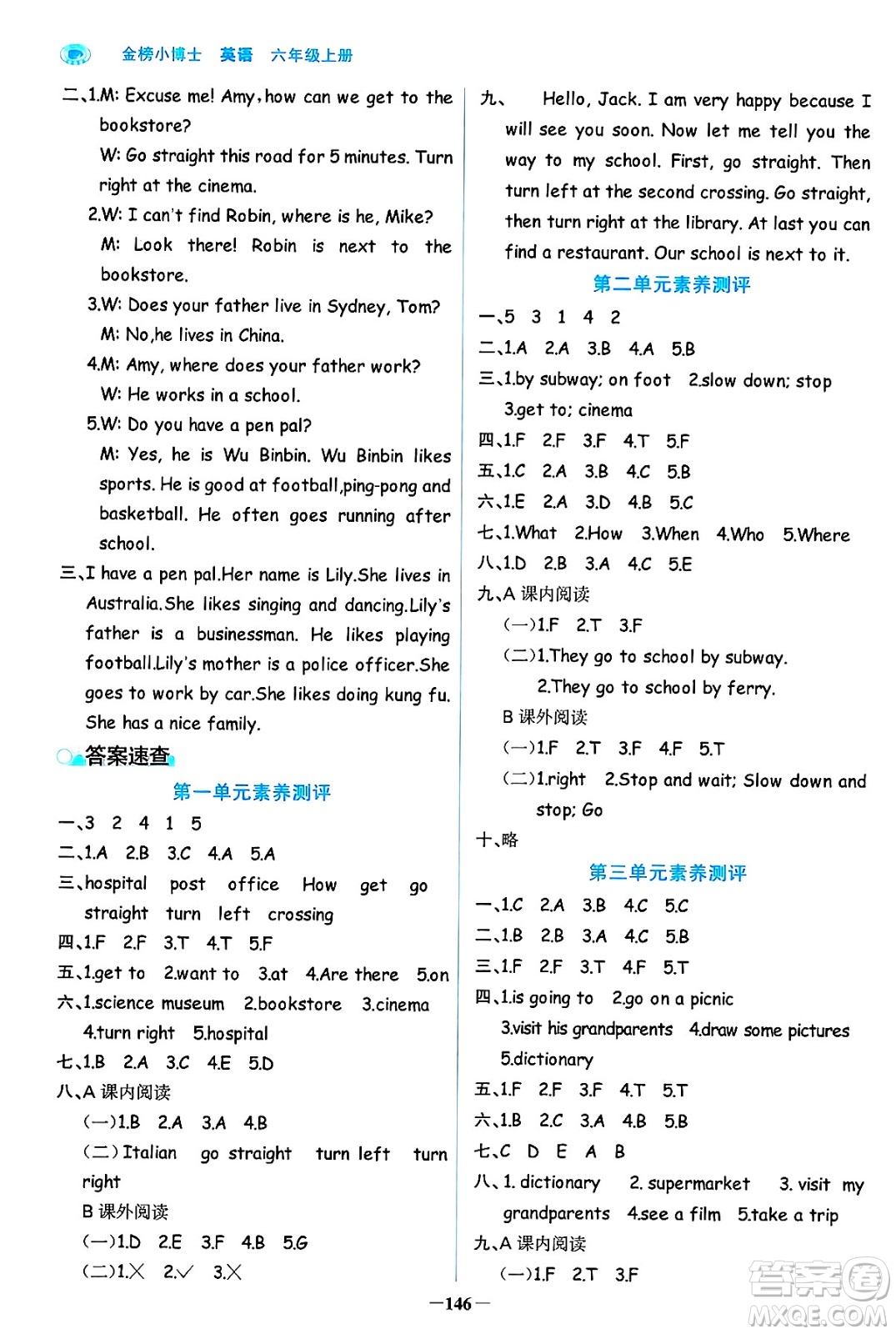 遼寧少年兒童出版社2024年秋世紀(jì)金榜金榜小博士課時(shí)提優(yōu)作業(yè)六年級英語上冊通用版三起點(diǎn)答案