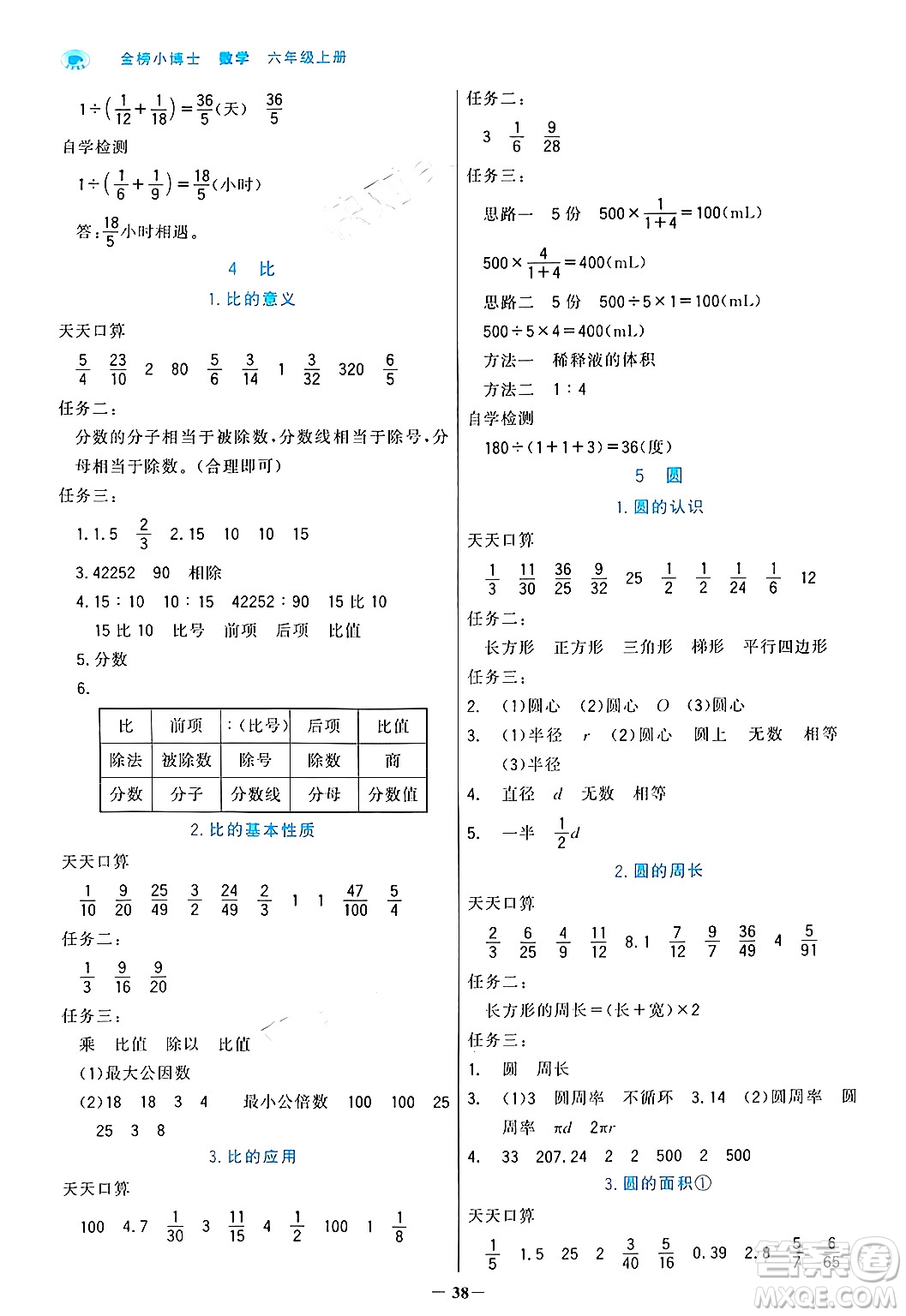 遼寧少年兒童出版社2024年秋世紀金榜金榜小博士課時提優(yōu)作業(yè)六年級數學上冊人教版答案