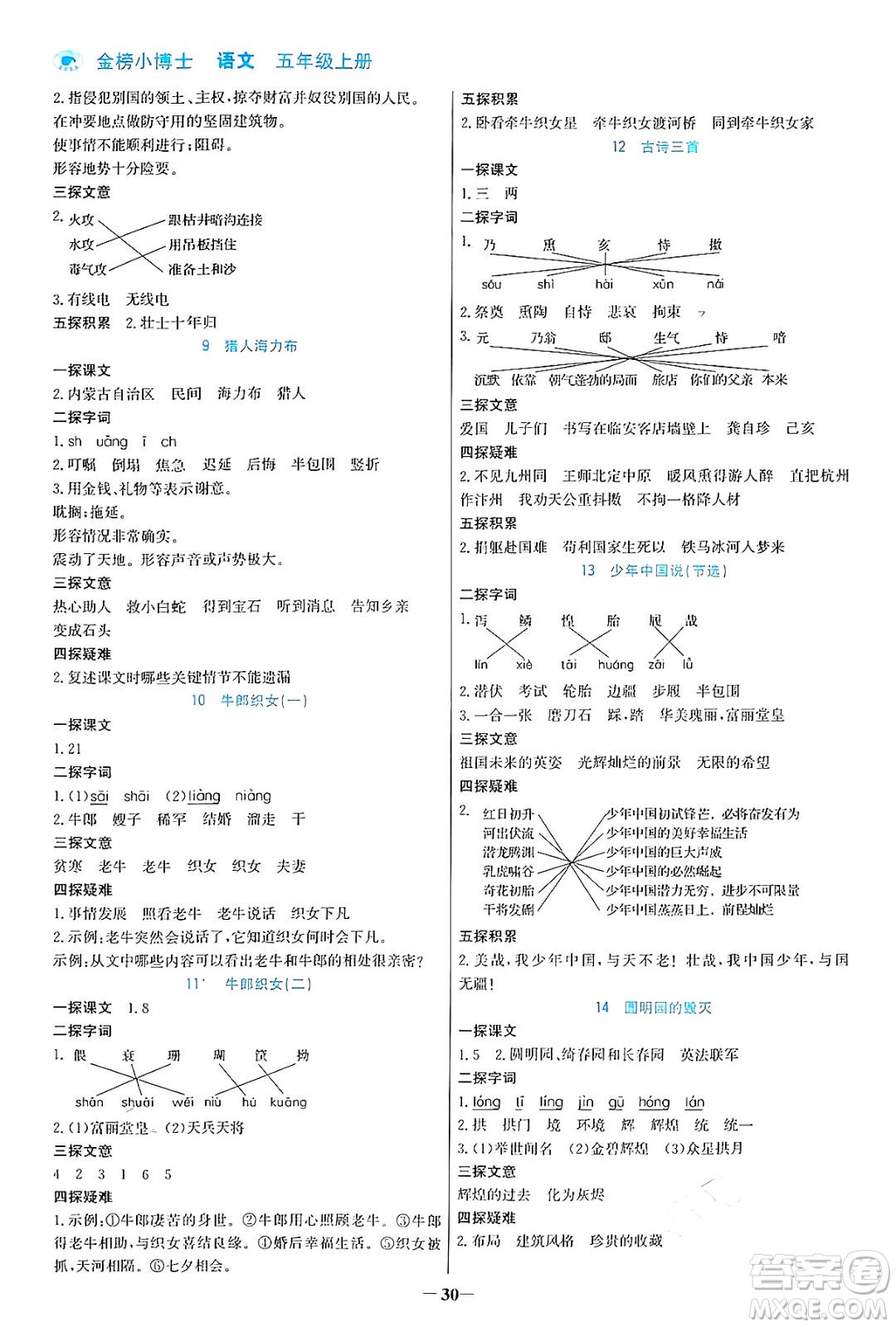 遼寧少年兒童出版社2024年秋世紀(jì)金榜金榜小博士課時提優(yōu)作業(yè)五年級語文上冊通用版答案