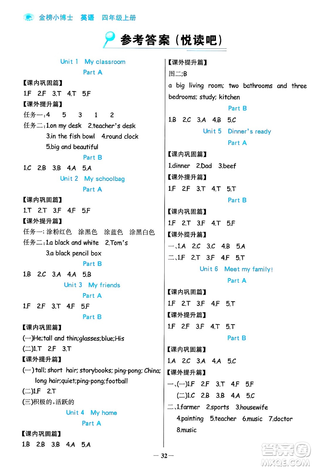 遼寧少年兒童出版社2024年秋世紀(jì)金榜金榜小博士課時提優(yōu)作業(yè)四年級英語上冊通用版三起點(diǎn)答案