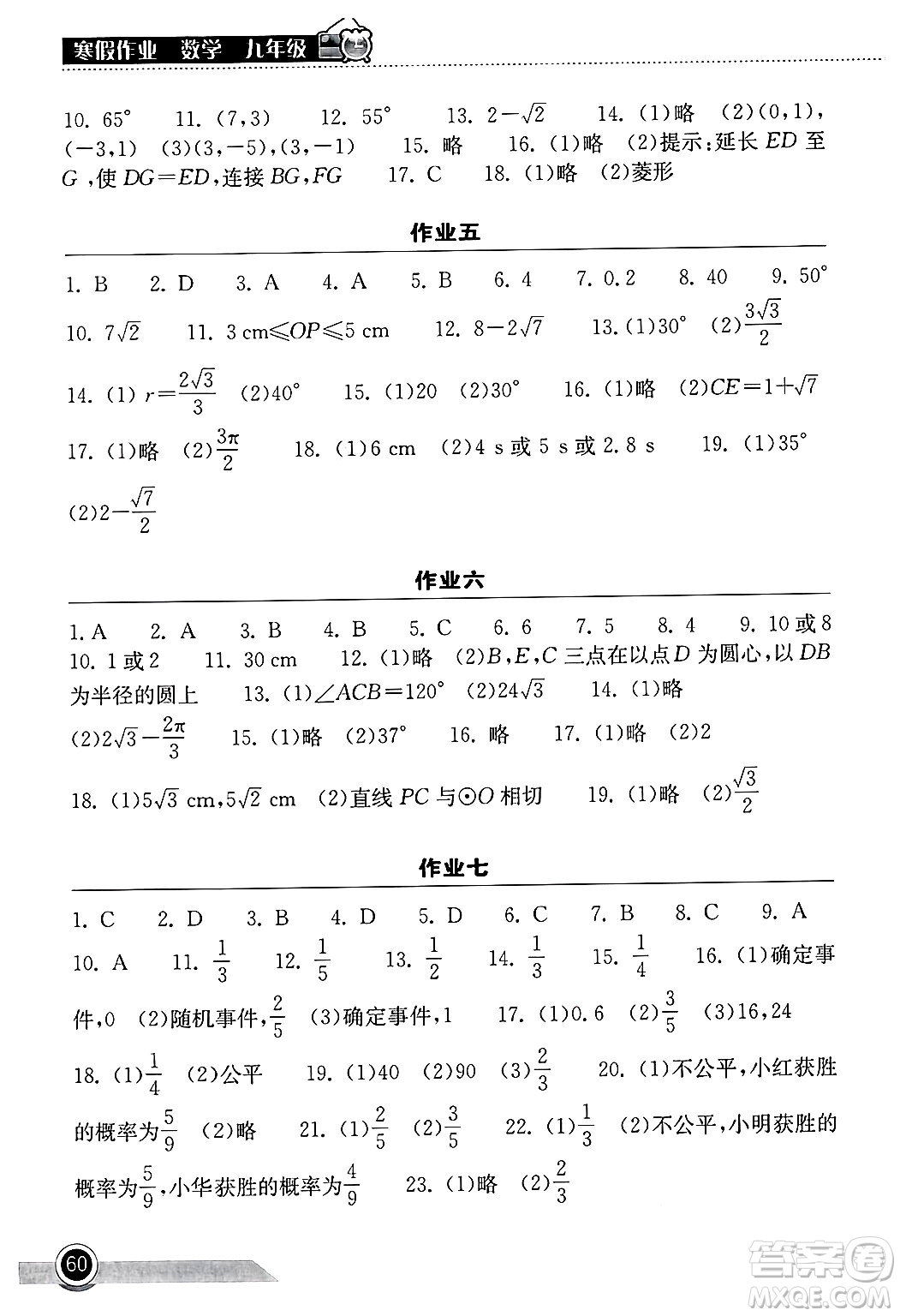 湖北教育出版社2025年長江作業(yè)本寒假作業(yè)九年級數(shù)學通用版答案