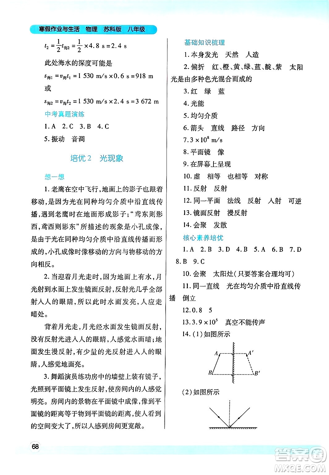 陜西師范大學(xué)出版總社有限公司2025年寒假作業(yè)與生活八年級(jí)物理蘇科版答案