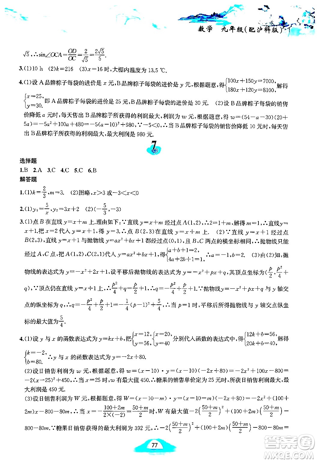 黃山書社2025年寒假作業(yè)九年級(jí)數(shù)學(xué)滬科版答案