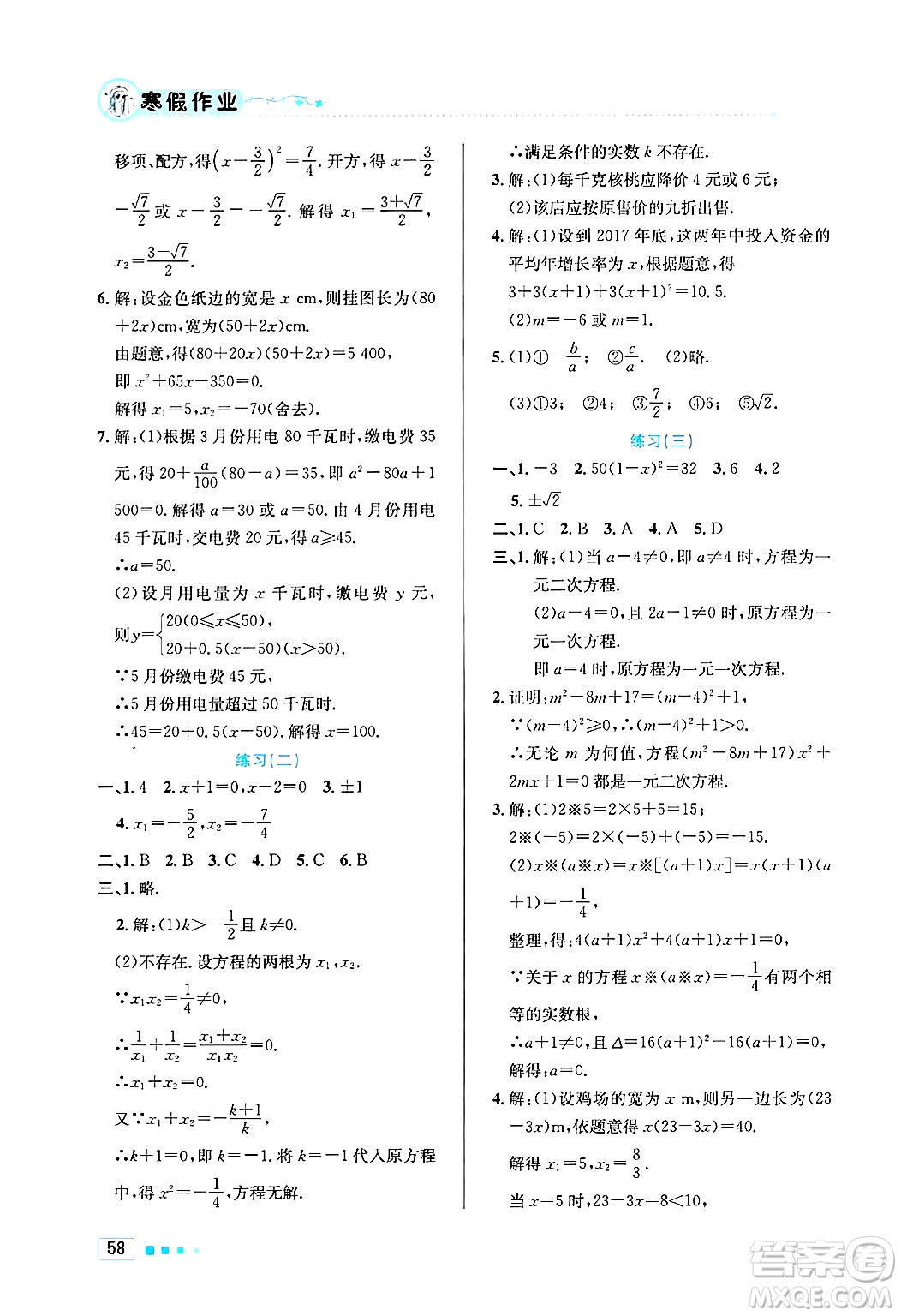 北京教育出版社2025年寒假作業(yè)九年級數(shù)學(xué)通用版答案