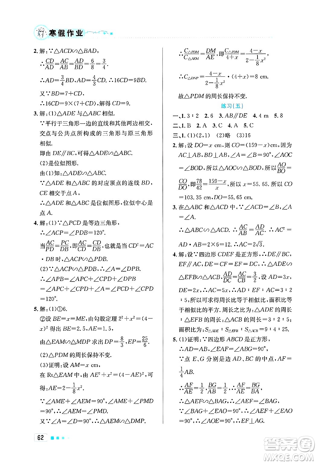 北京教育出版社2025年寒假作業(yè)九年級數(shù)學(xué)通用版答案