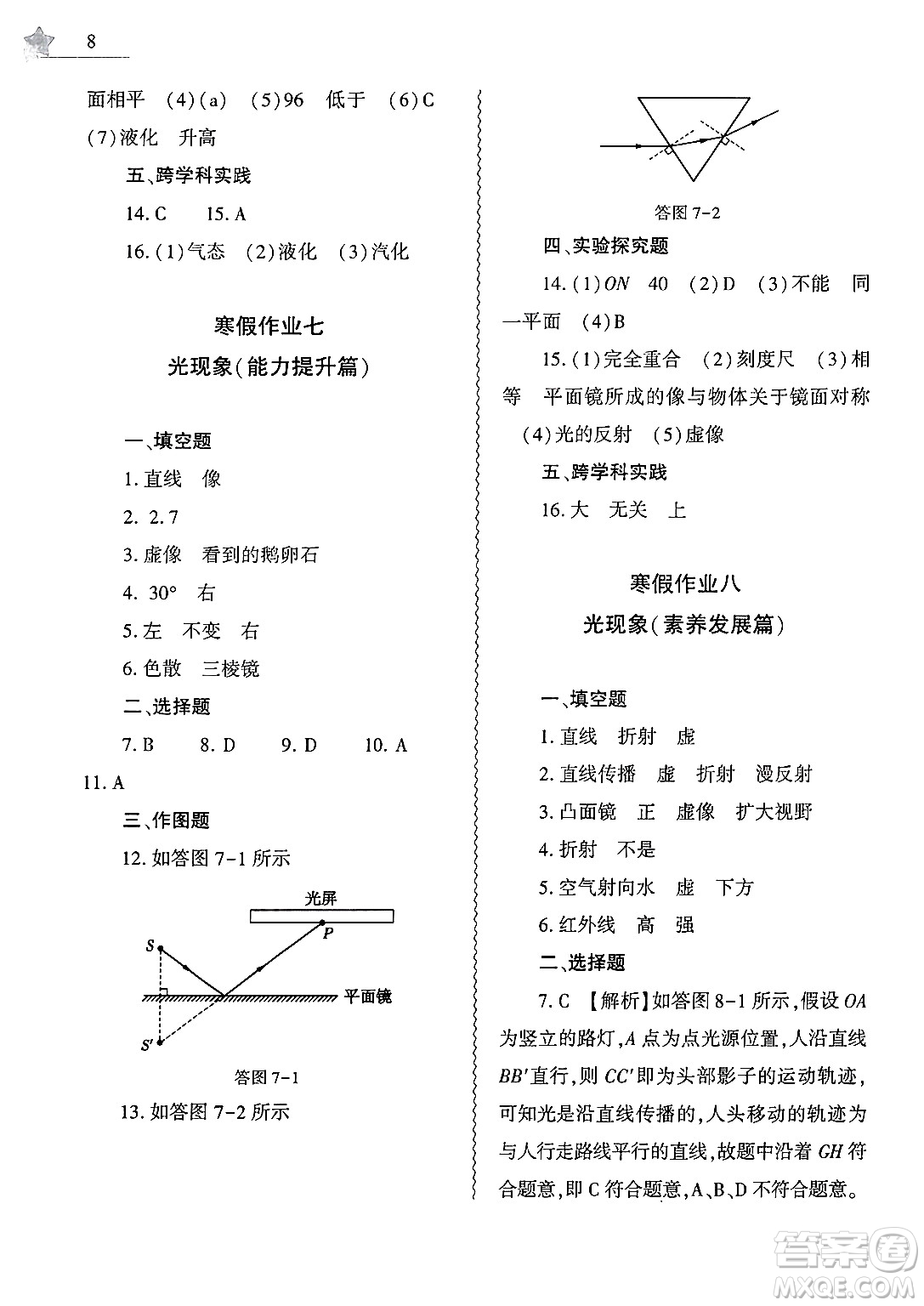 大象出版社2025年寒假作業(yè)本八年級(jí)物理通用版答案